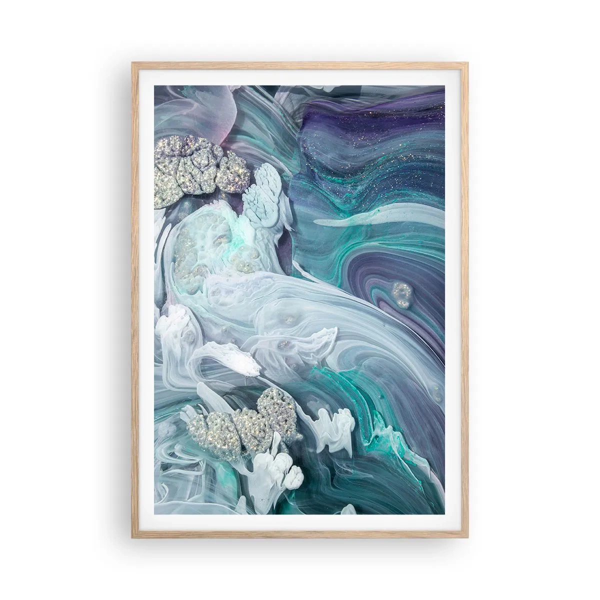 Plakat i ramme af lyst egetræ - Strømme af blå - 70x100 cm