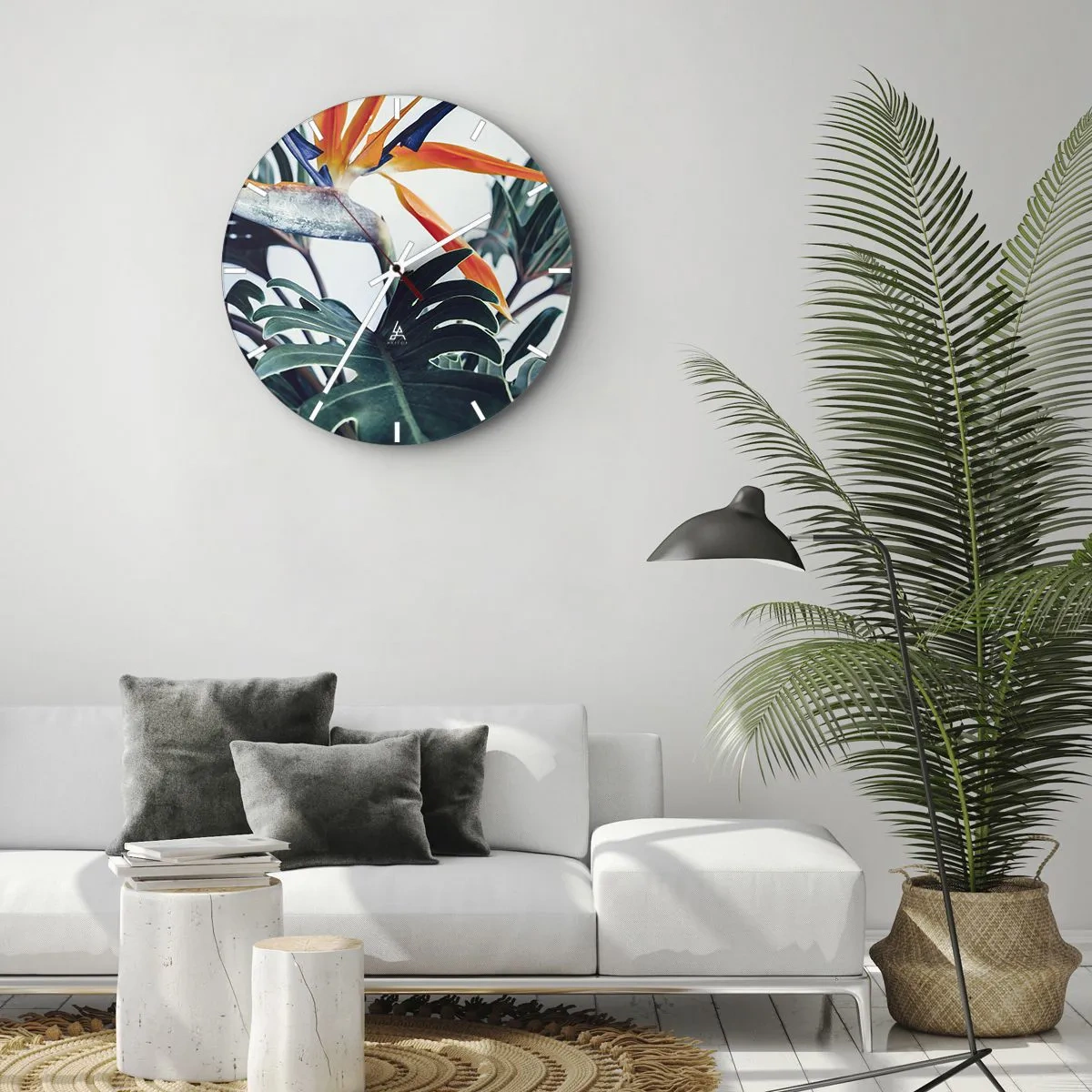 Vægur, Uret - Tropiske blade og en strelitzia-blomst på en lys baggrund - 30x30cm - Fuglebur - Moderne vægdekoration til stue, køkken og soveværelse ARTTOR