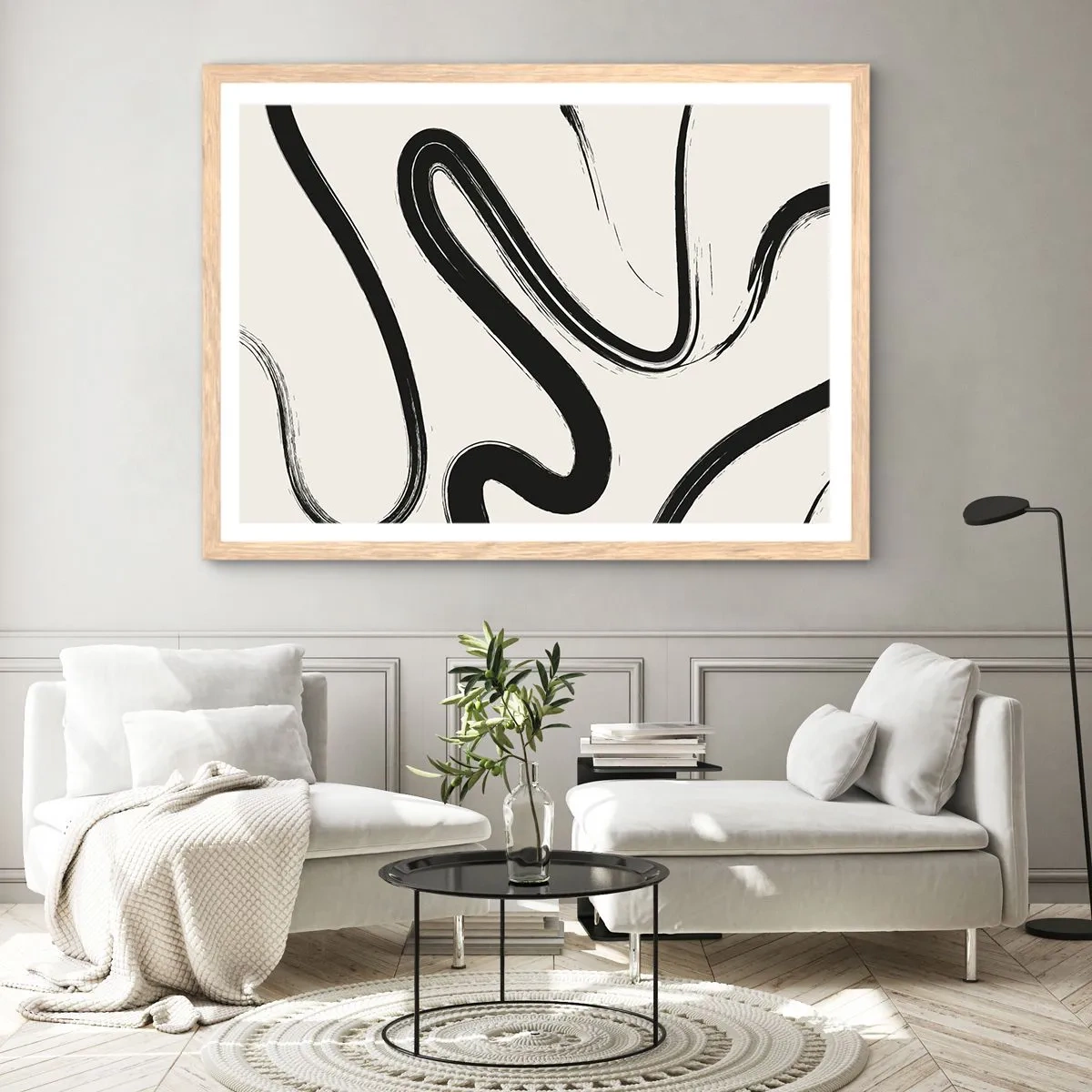 Plakat i ramme af lyst egetræ - Sort og hvid fantasifuldhed - 100x70 cm