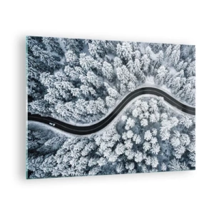 Billede på glas - En snoet vej gennem en vinterskov set fra en drone - 70x50cm - Gennem en vinterskov - Moderne vægdekoration til stue og soveværelse ARTTOR