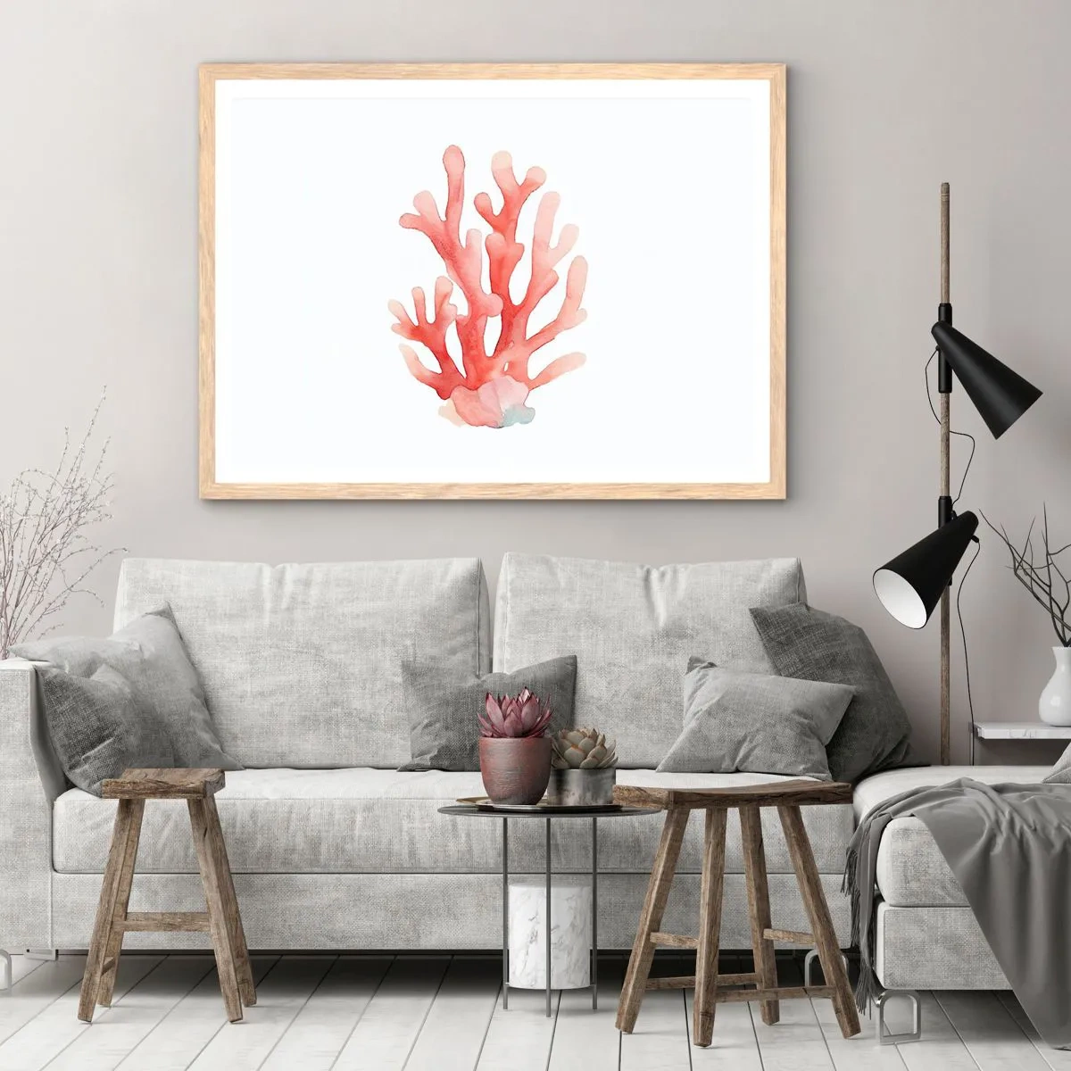 Plakat i ramme af lyst egetræ - Farven koral - 100x70 cm