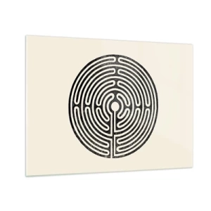 Billede på glas - En sort-hvid labyrint i en cirkulær form på en lys baggrund. - 70x50cm - Mystisk orden - Moderne vægdekoration til stue og soveværelse ARTTOR