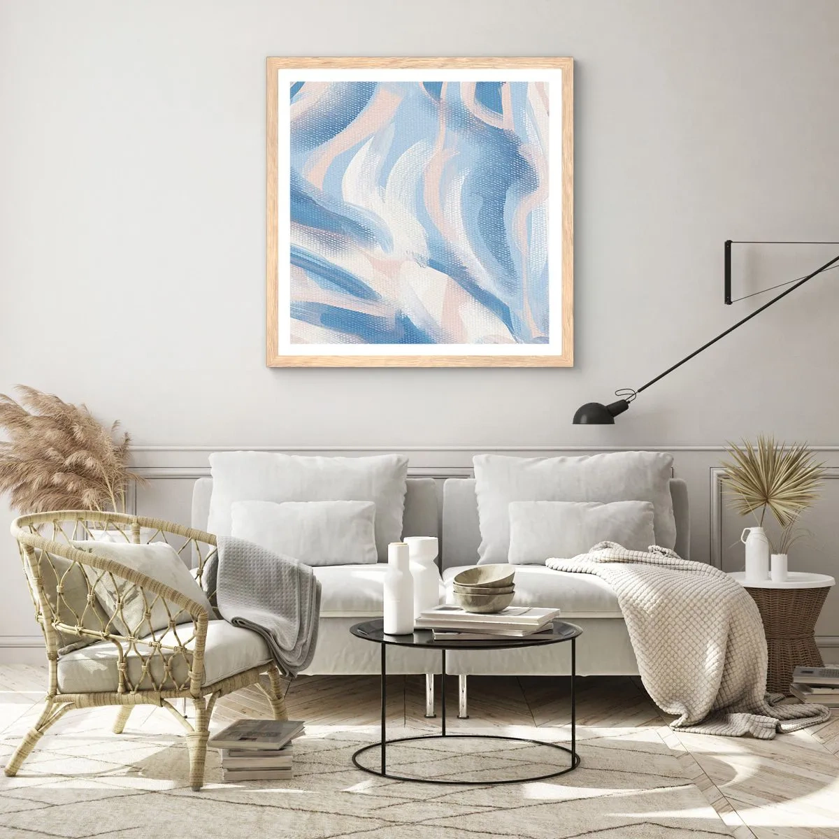 Plakat i ramme af lyst egetræ - Blå krusninger - 30x30 cm