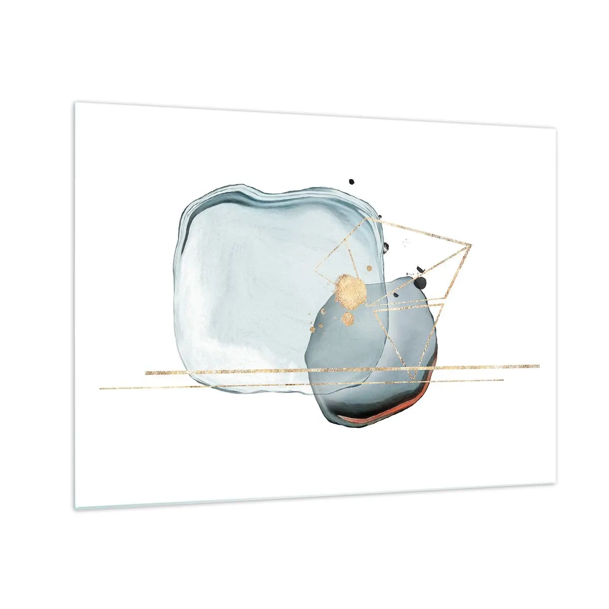 Billede på glas - Moderne abstraktion med dråber og gyldne geometriske linjer - 70x50cm - En undersøgelse af dråber - Moderne vægdekoration til stue og soveværelse ARTTOR