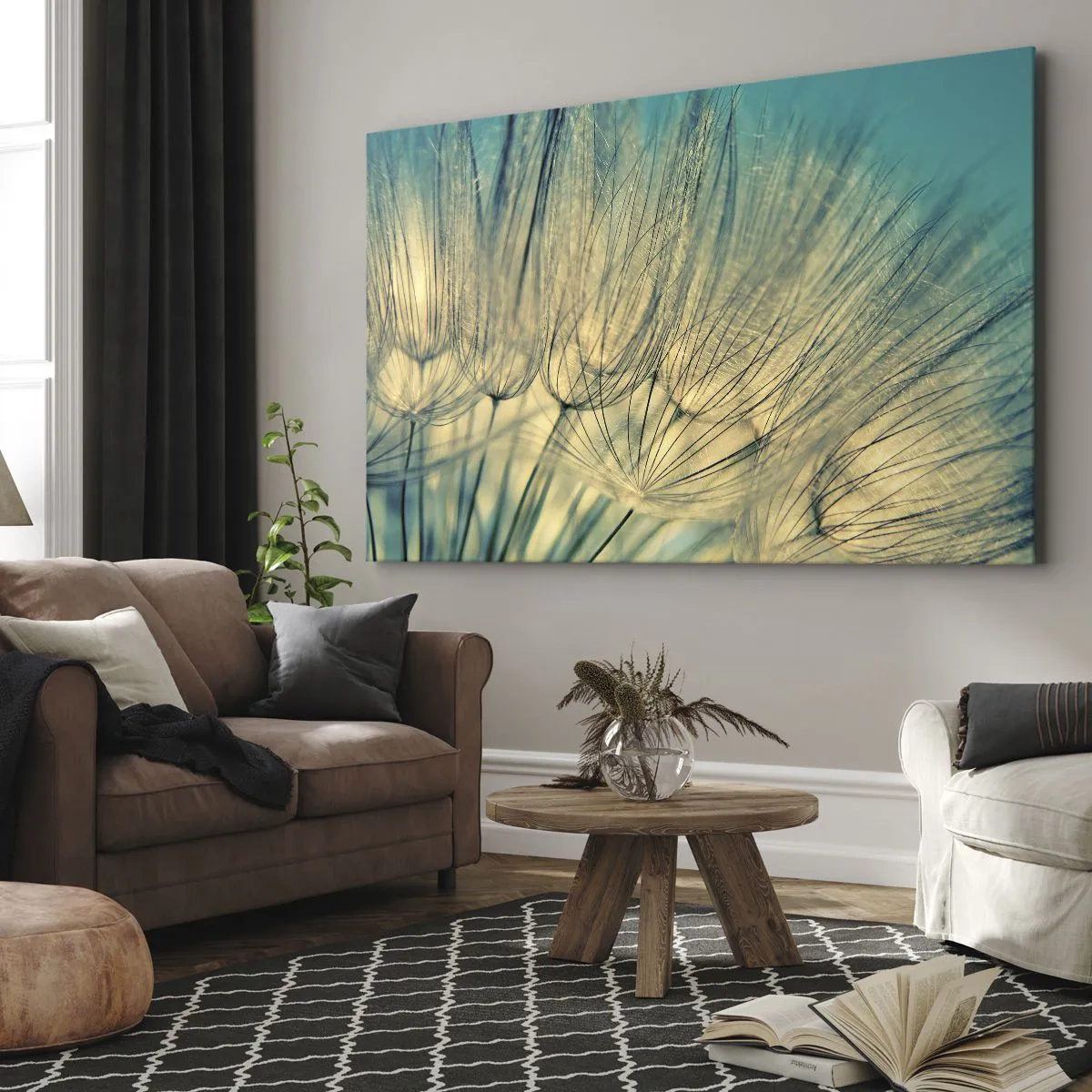 Lærredstryk - Billede på lærred - Makrofotografi af mælkebøtter i dagslys - 70x50cm - Venter på vinden - Moderne vægdekoration til stue og soveværelse ARTTOR