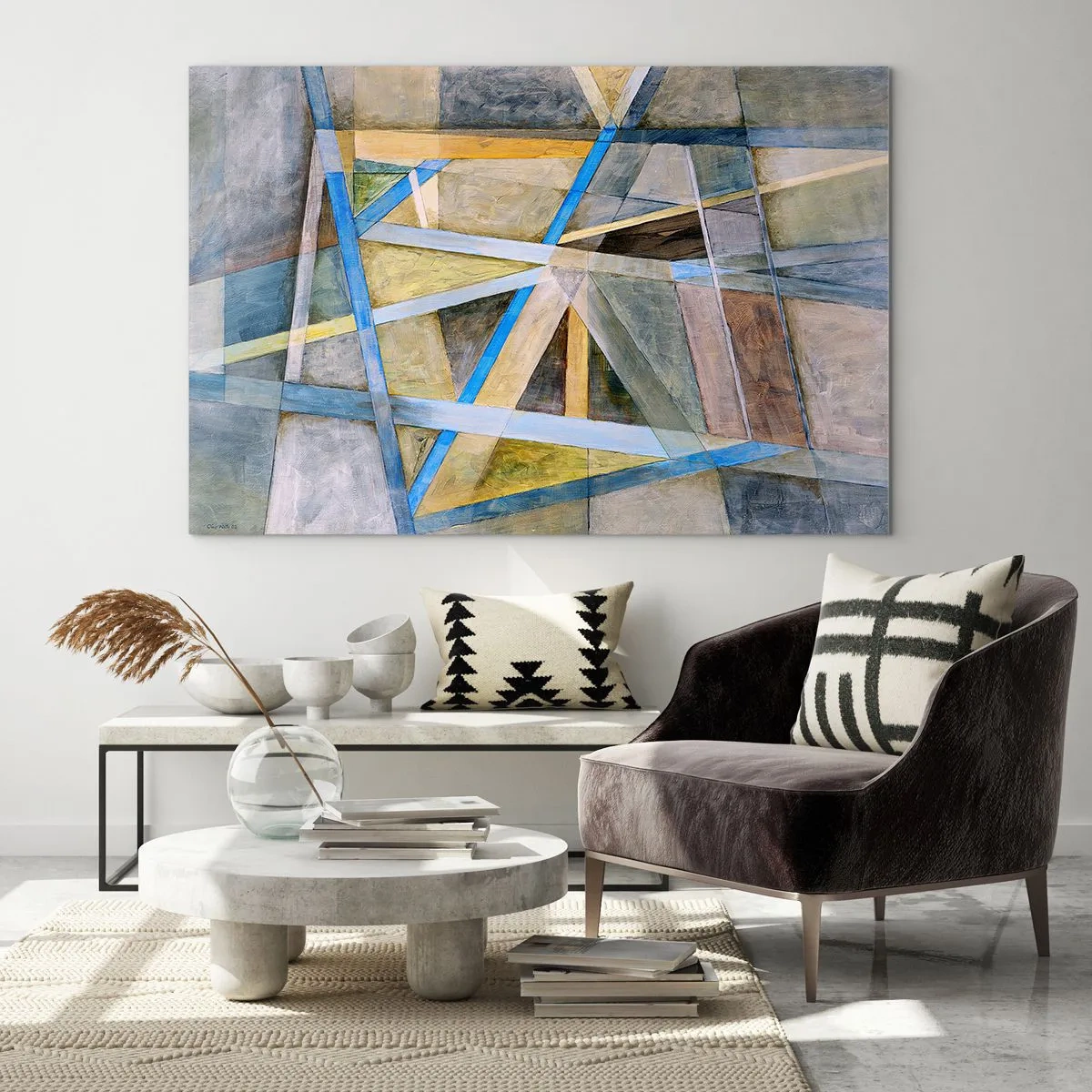 Billede på glas - Abstrakt komposition med geometriske former - 70x50cm - Lige eller skråt? - Moderne vægdekoration til stue og soveværelse ARTTOR