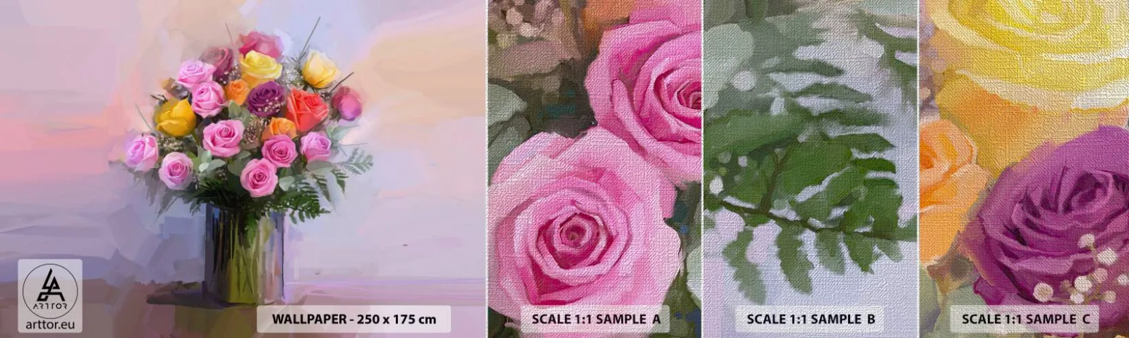 Prøve Fototapet Premium Canvas - Bevaret skønhed - Vase med blomster, Buket blomster, Stykke - 100x30 cm