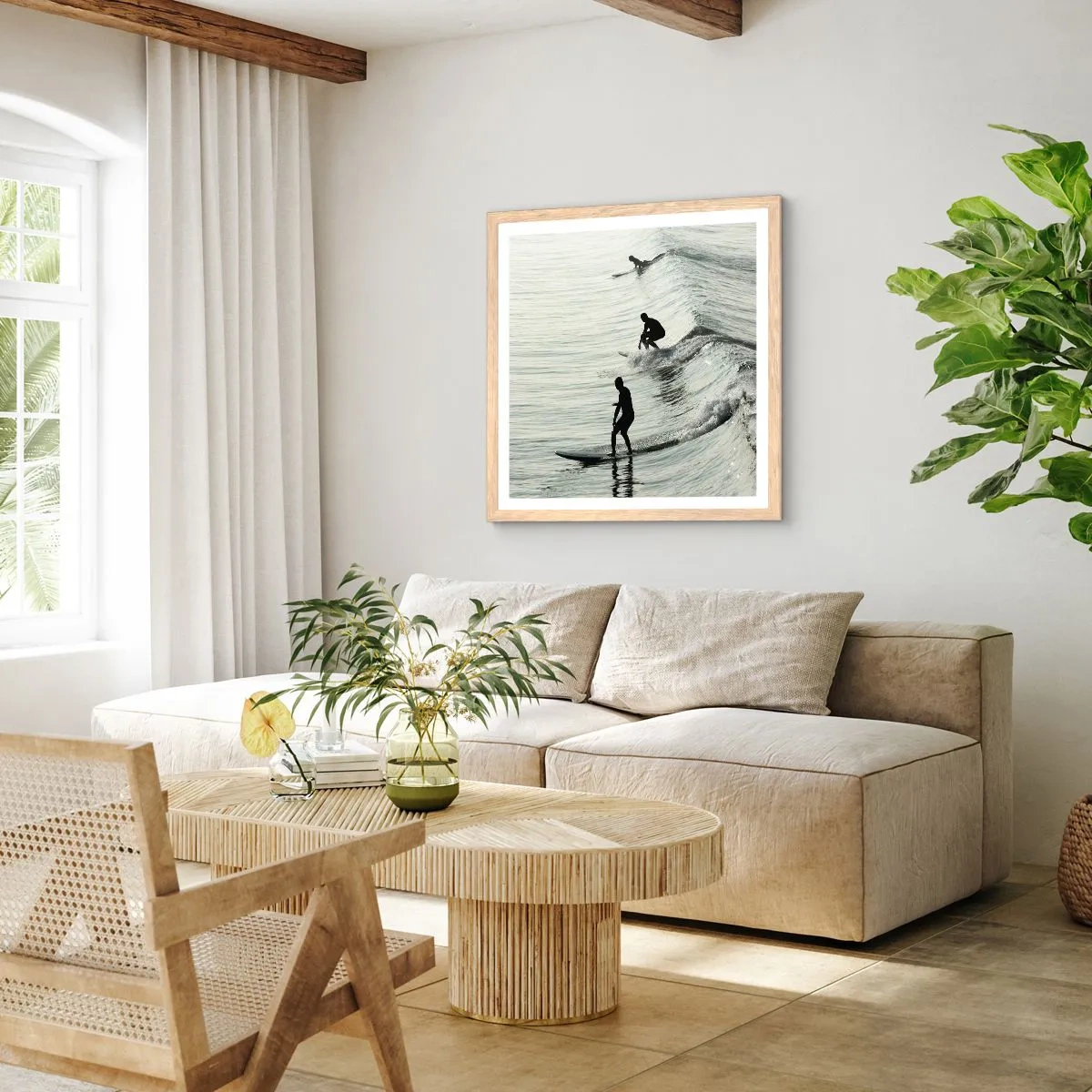 Plakat i ramme af lyst egetræ - Mødet med bølgen - 40x40 cm