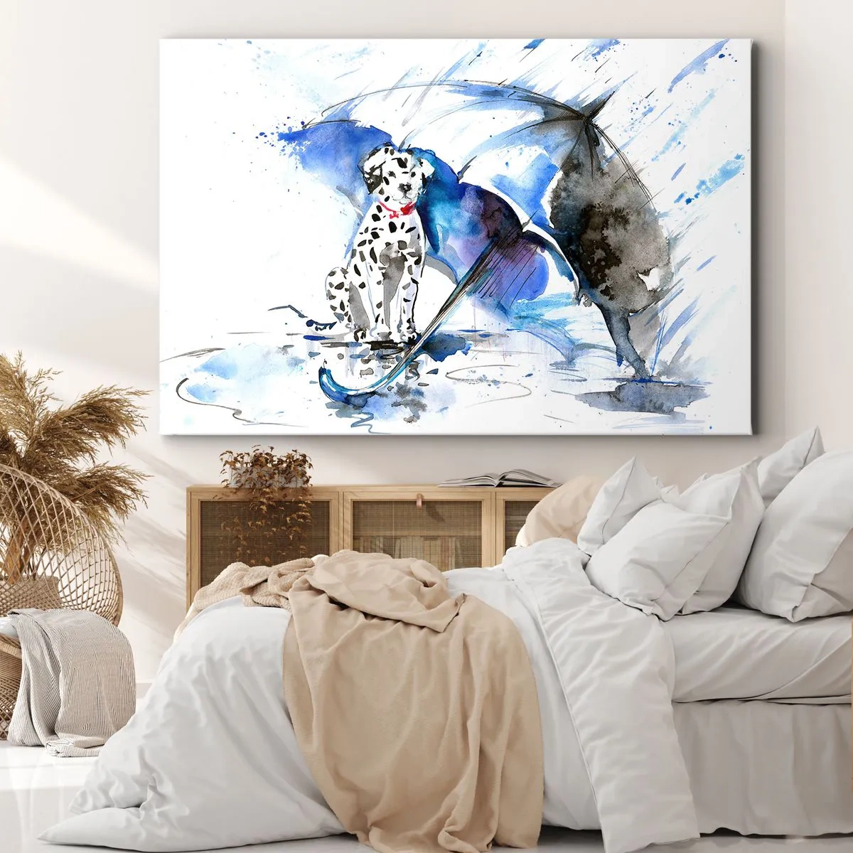 Lærredstryk - Billede på lærred - Akvarelmaleri af en dalmatinerhund med en paraply i baggrunden - 70x50cm - Det er det en ven er til for - Moderne vægdekoration til stue og soveværelse ARTTOR