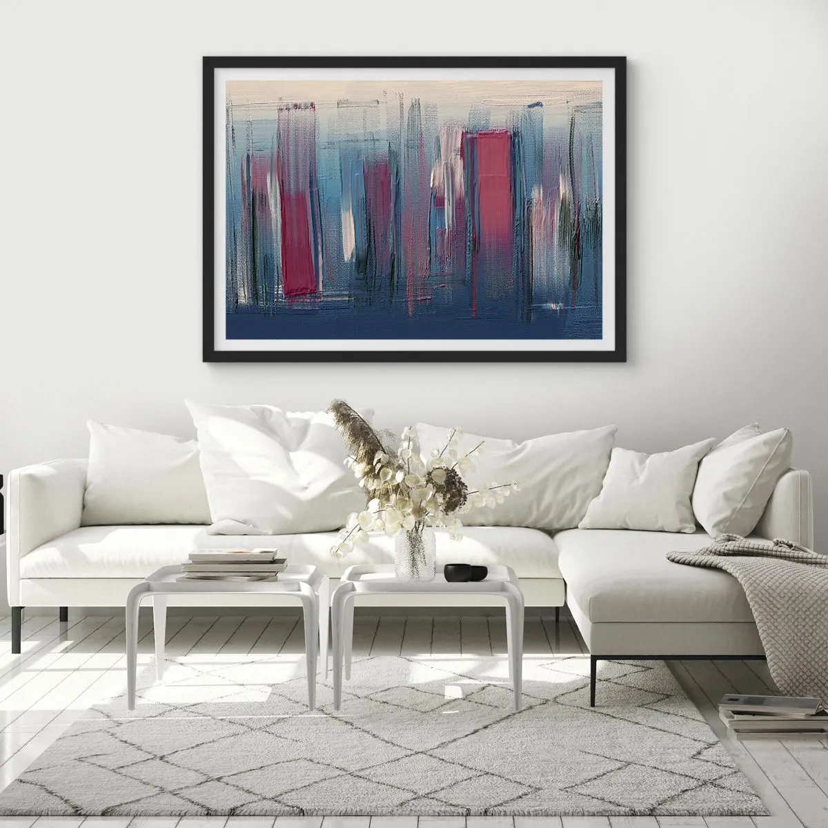 Plakat i sort ramme - Lodret komposition i blåt og rødt - 70x50 cm