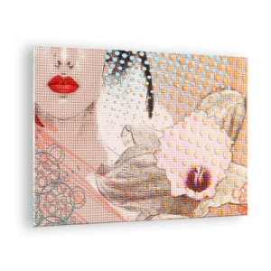 Billede på glas - Illustration af et portræt af en kvinde med en blomst i baggrunden i pop art-stil - 70x50cm - Tegneserieheroin - Moderne vægdekoration til stue og soveværelse ARTTOR