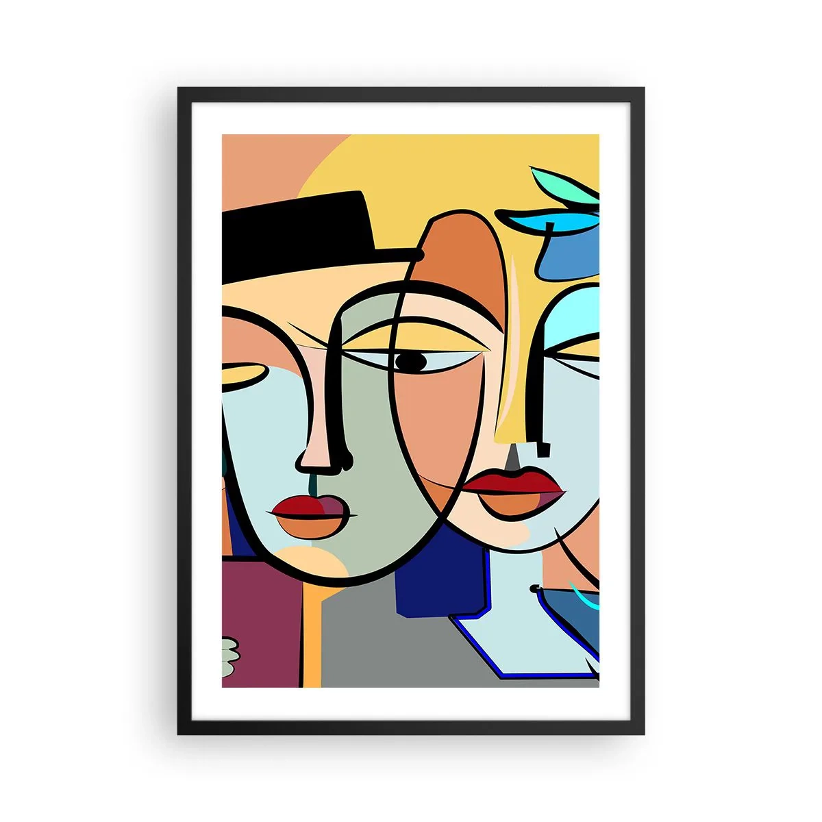 Plakat i sort ramme - Farverig abstrakt komposition af ansigter i kubistisk stil - 50x70cm - Picassos randez vous - Moderne vægdekoration til stue og soveværelse ARTTOR