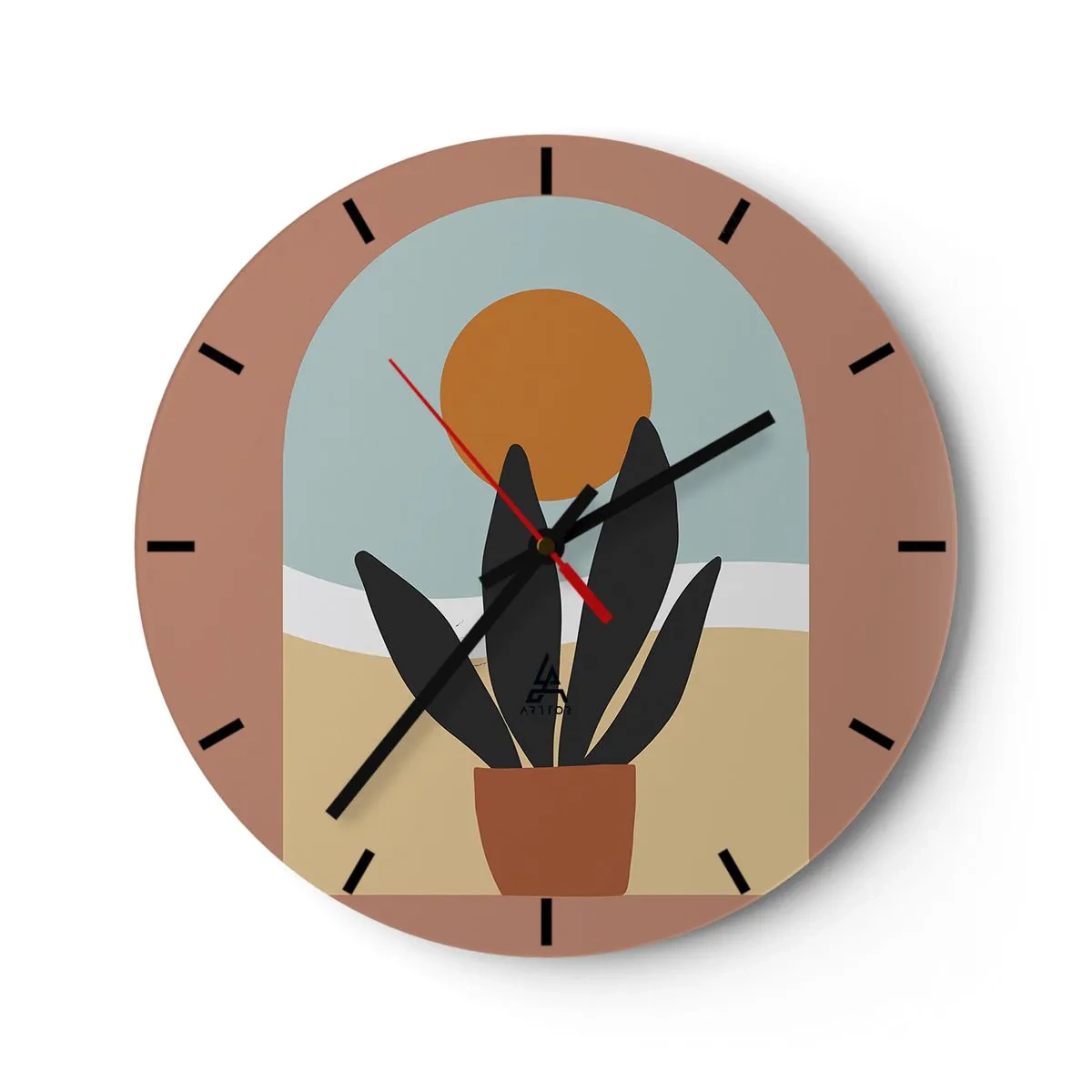 Vægur, Uret - En minimalistisk potteplante mod solens baggrund - 30x30cm - Små glæder - Moderne vægdekoration til stue, køkken og soveværelse ARTTOR
