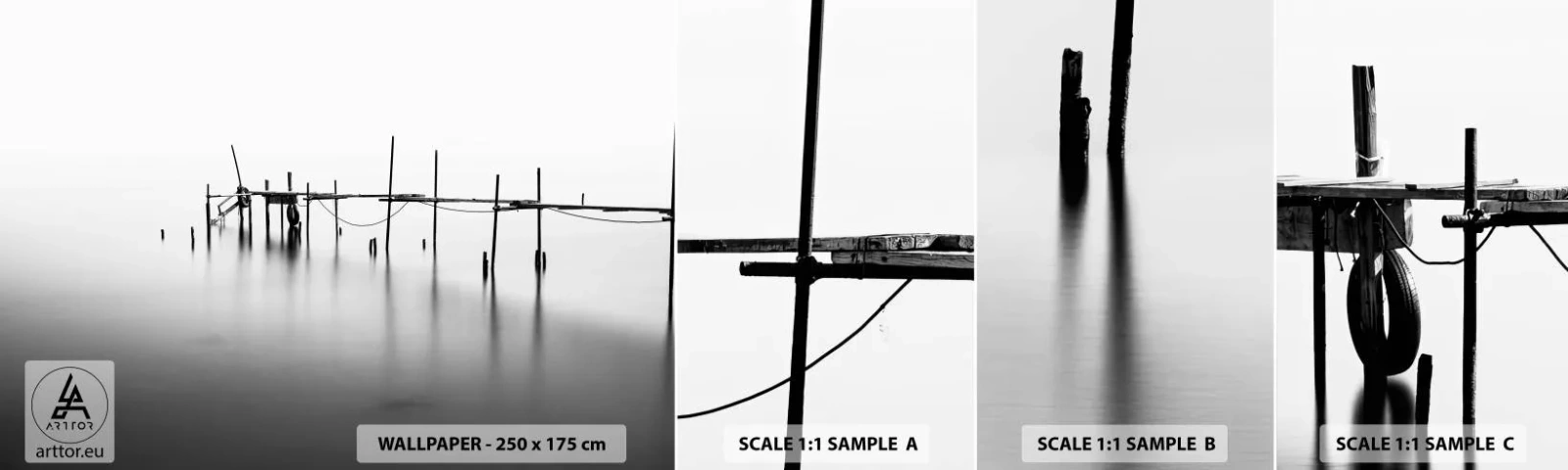 Fototapet Prøve Standard Eco - Hvad nu, hvis verden ikke eksisterer? - Landskab, træbro, Sort og hvid - 100x30 cm