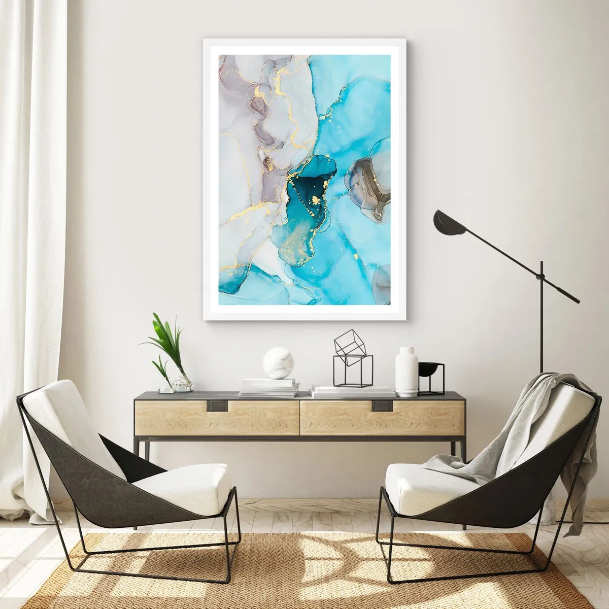 Plakat i hvid ramme - En undersøgelse af mødet mellem grå og turkis - 70x100 cm