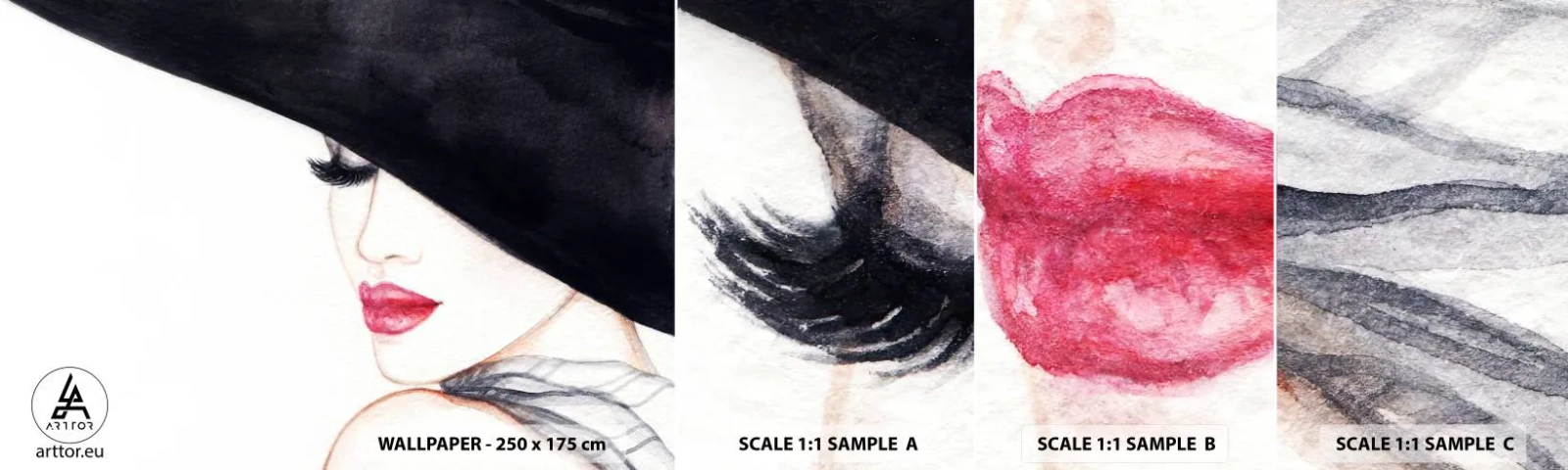 Fototapet Prøve Standard Eco - Elegance og sensualitet - Kvinde, røde læber, Sort hat - 100x30 cm