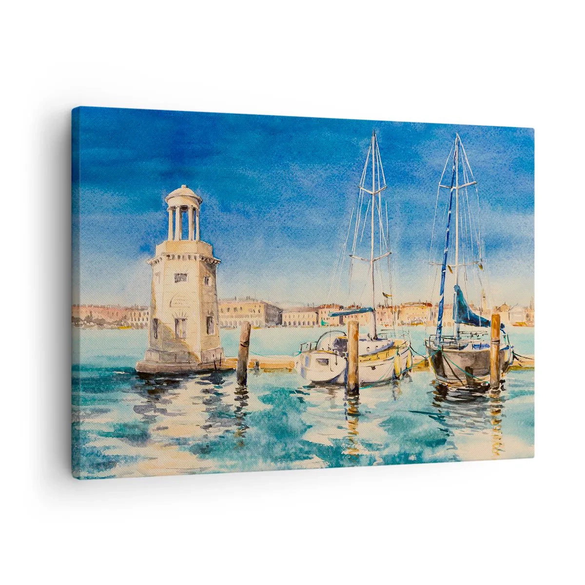 Lærredstryk - Billede på lærred - Marina med både mod en blå lagune som baggrund - 70x50cm - Solrig lagune - Moderne vægdekoration til stue og soveværelse ARTTOR