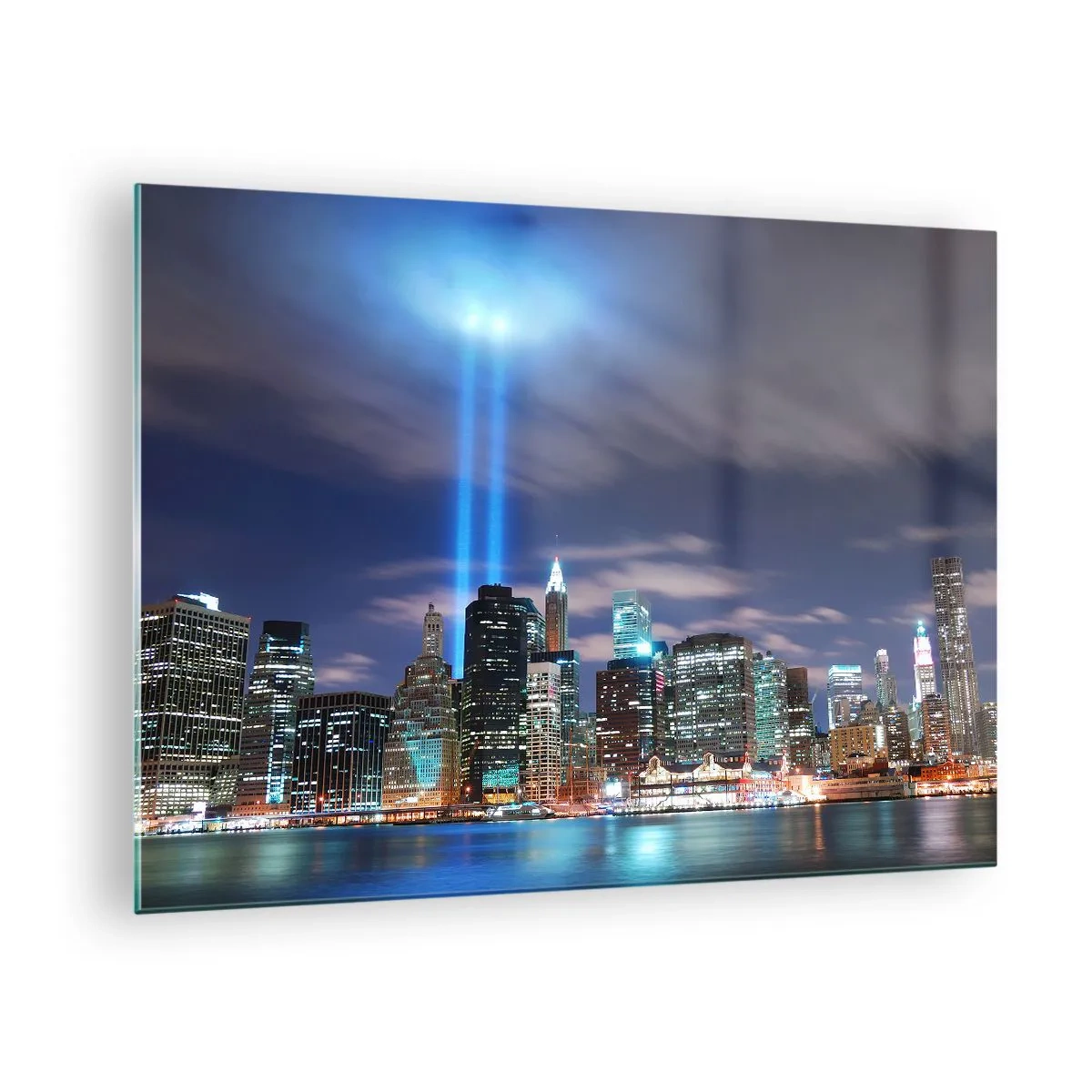Billede på glas - Aftenpanorama over byen med spotlights - 70x50cm - Ræk mod himlen med lys - Moderne vægdekoration til stue og soveværelse ARTTOR