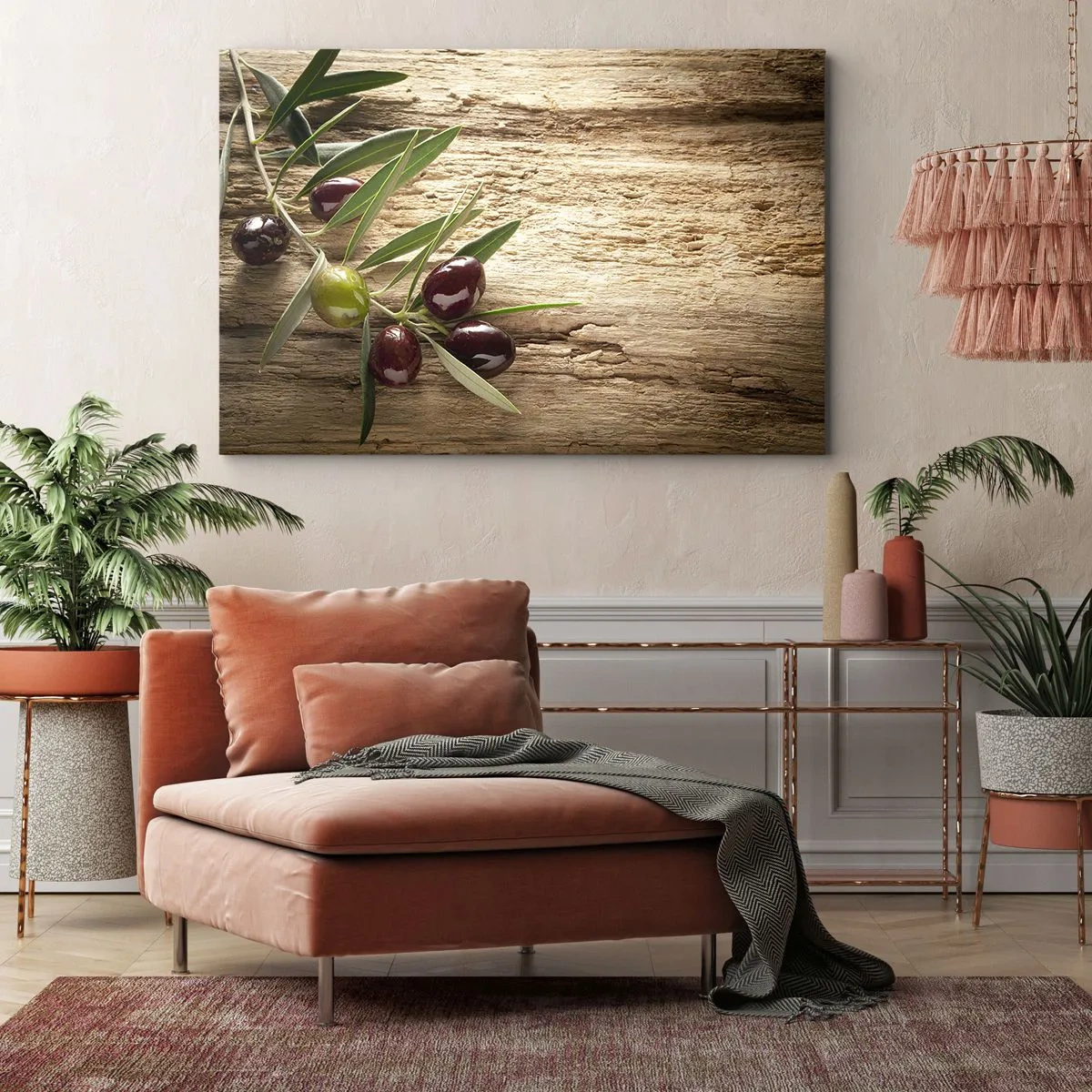 Lærredstryk - Billede på lærred - Olivengren med frugt på en baggrund af ældet træ - 70x50cm - Lige fra naturen - Moderne vægdekoration til stue og soveværelse ARTTOR