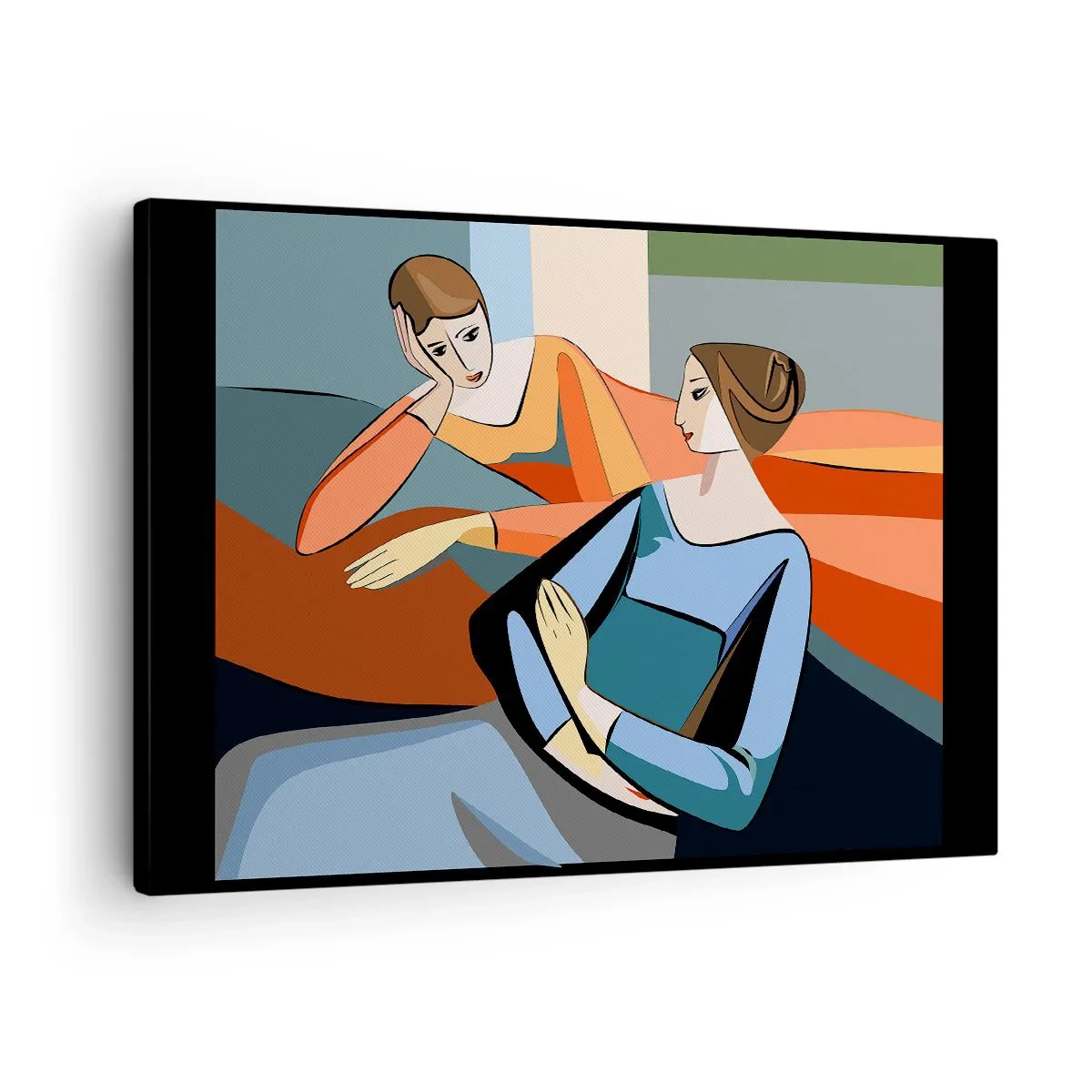 Lærredstryk - Billede på lærred - Abstrakt illustration af to kvinder i kubistisk stil - 70x50cm - Et øjeblik af fortrolighed - Moderne vægdekoration til stue og soveværelse ARTTOR