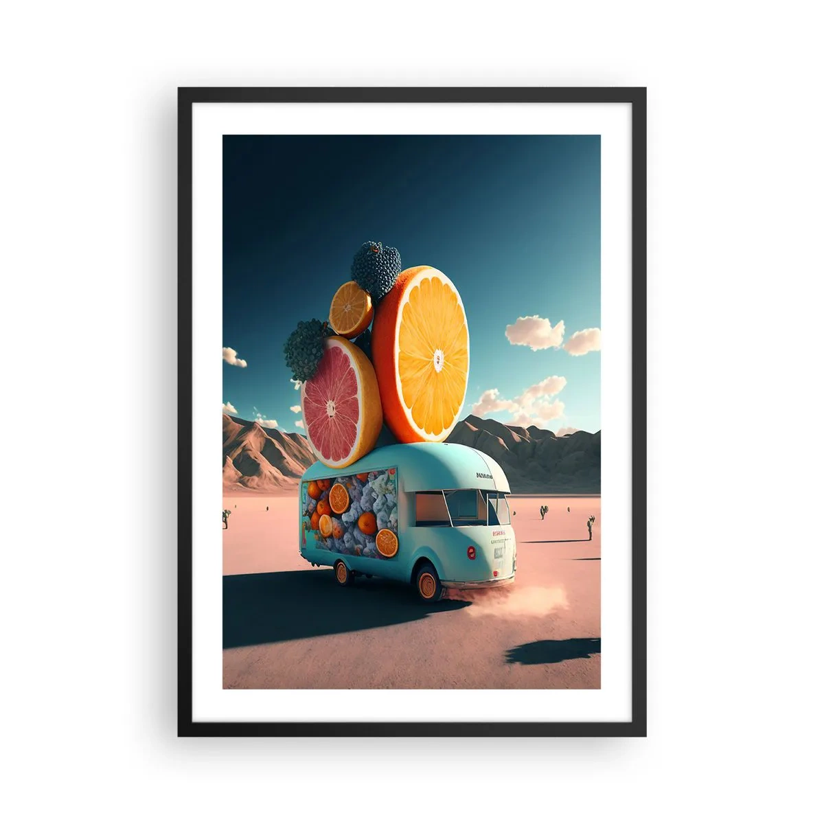Plakat i sort ramme - Flot frugtvogn i ørkenen - 50x70cm - En smag af ferie - Moderne vægdekoration til stue og soveværelse ARTTOR