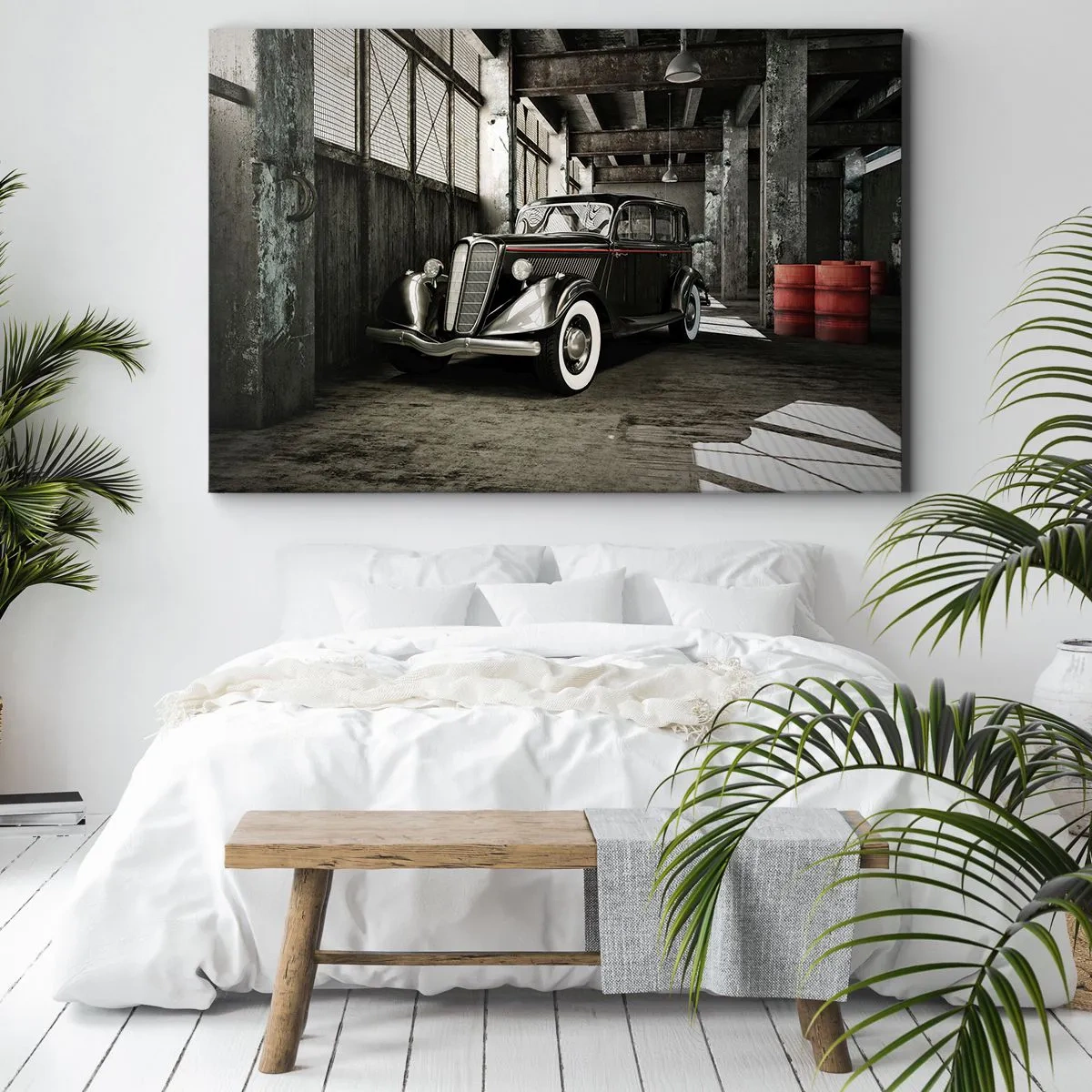 Lærredstryk - Billede på lærred - Stilfuld retrobil i et råt lager - 70x50cm - 1930'ernes vedvarende elegance. - Moderne vægdekoration til stue og soveværelse ARTTOR