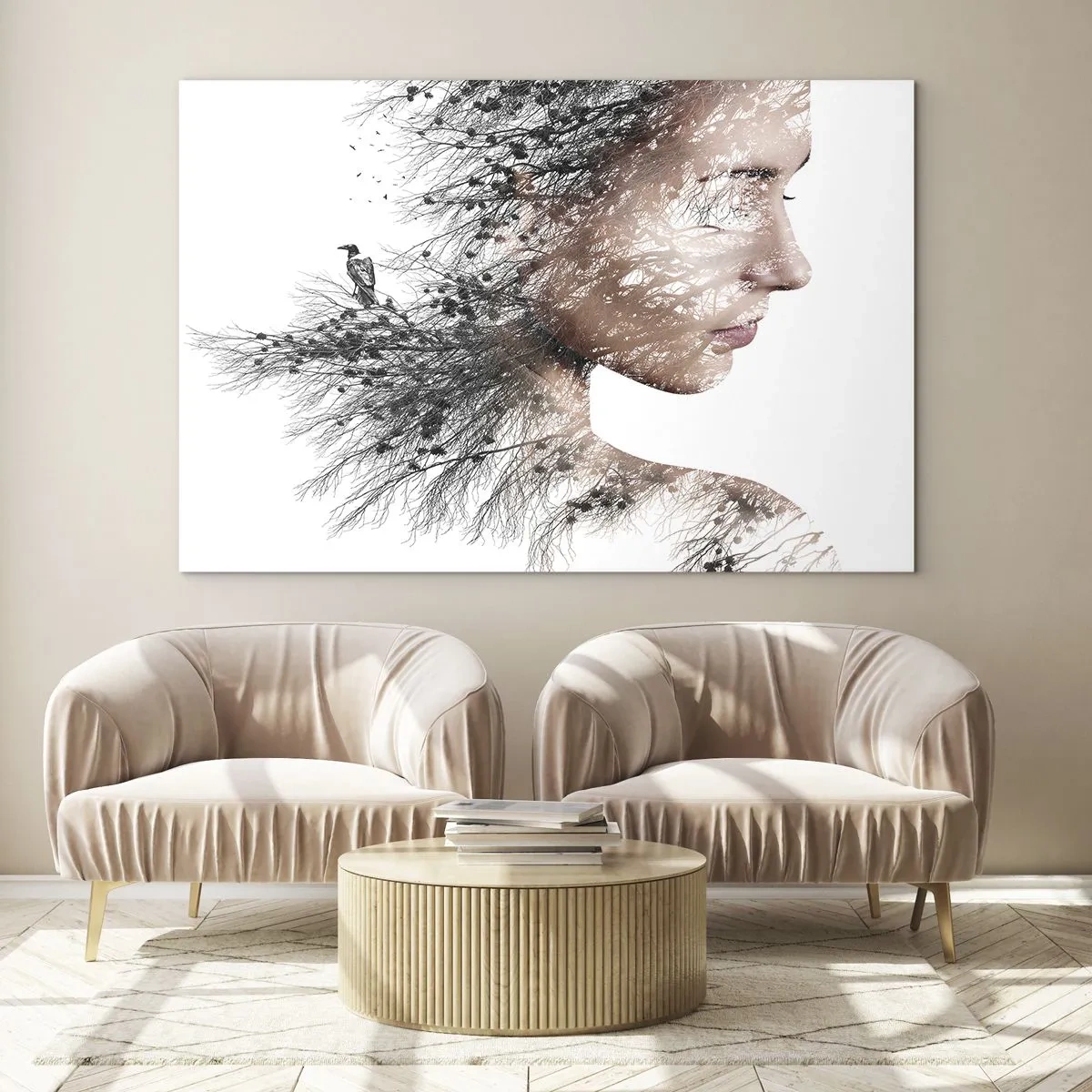 Billede på glas - Portræt af en kvinde med grene i baggrunden - 70x50cm - Skovens ånd - Moderne vægdekoration til stue og soveværelse ARTTOR