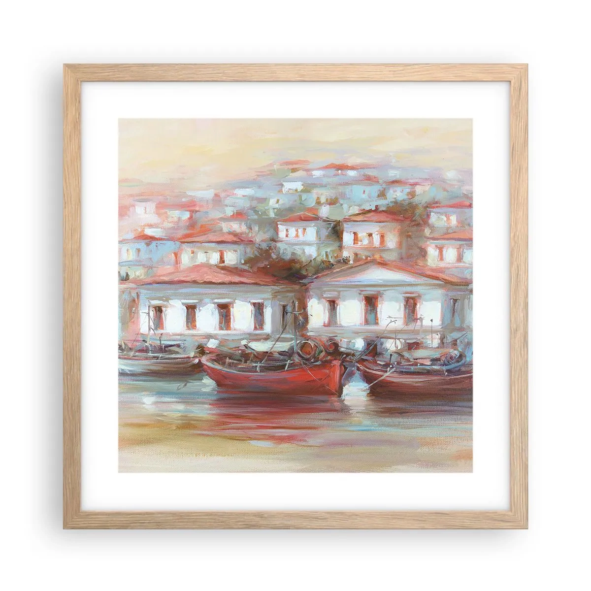 Plakat i ramme af lyst egetræ - Lykkelig by - 40x40 cm