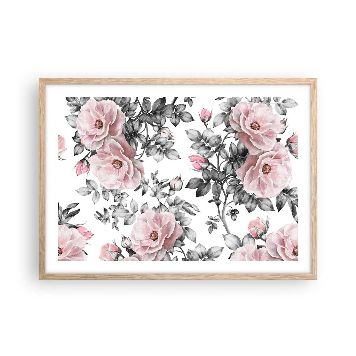 Plakat i ramme af lyst egetræ - Forsvind i rosenblomsterne - 70x50 cm
