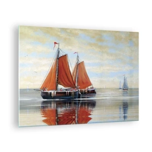 Billede på glas - Sejlskibe på et roligt hav ved solnedgang - 70x50cm - Hey, sejl, sømand.... - Moderne vægdekoration til stue og soveværelse ARTTOR