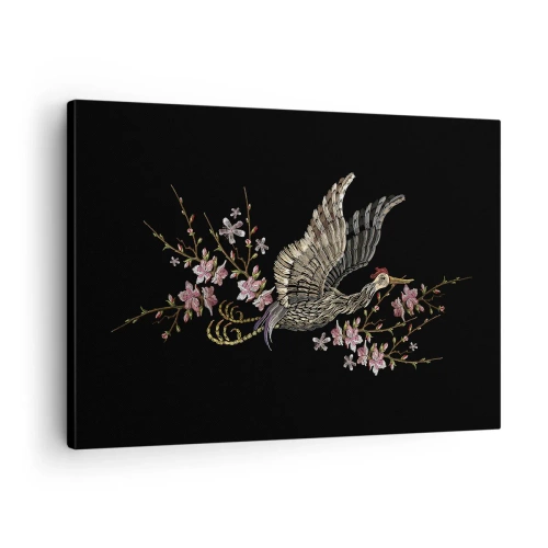 Lærredstryk - Billede på lærred - En fugl i flugt med blomster på en sort baggrund - 70x50cm - Eksotisk broderet fugl - Moderne vægdekoration til stue og soveværelse ARTTOR