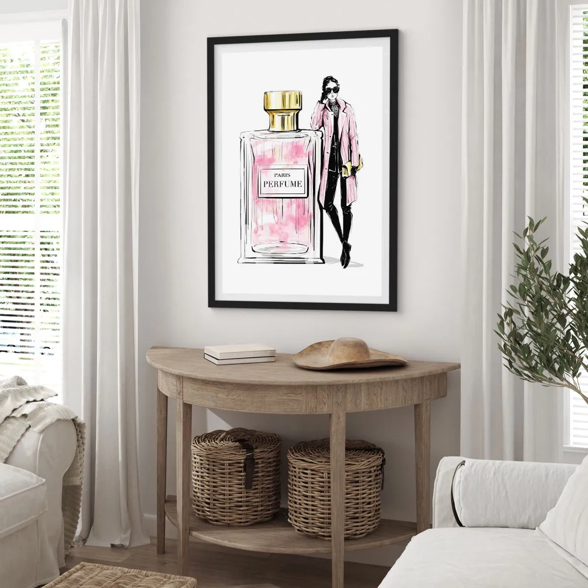 Plakat i sort ramme - En elegant parfumeflaske med silhuetten af en stilfuld kvinde - 50x70cm - Parisisk sensualitet - Moderne vægdekoration til stue og soveværelse ARTTOR