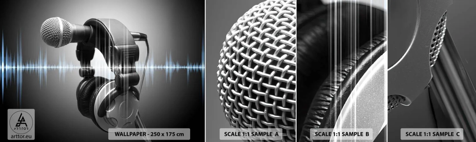Fototapet Prøve Standard Eco - Man kan stadig høre sangen - Mikrofon, Musikalske hovedtelefoner, musik - 100x30 cm