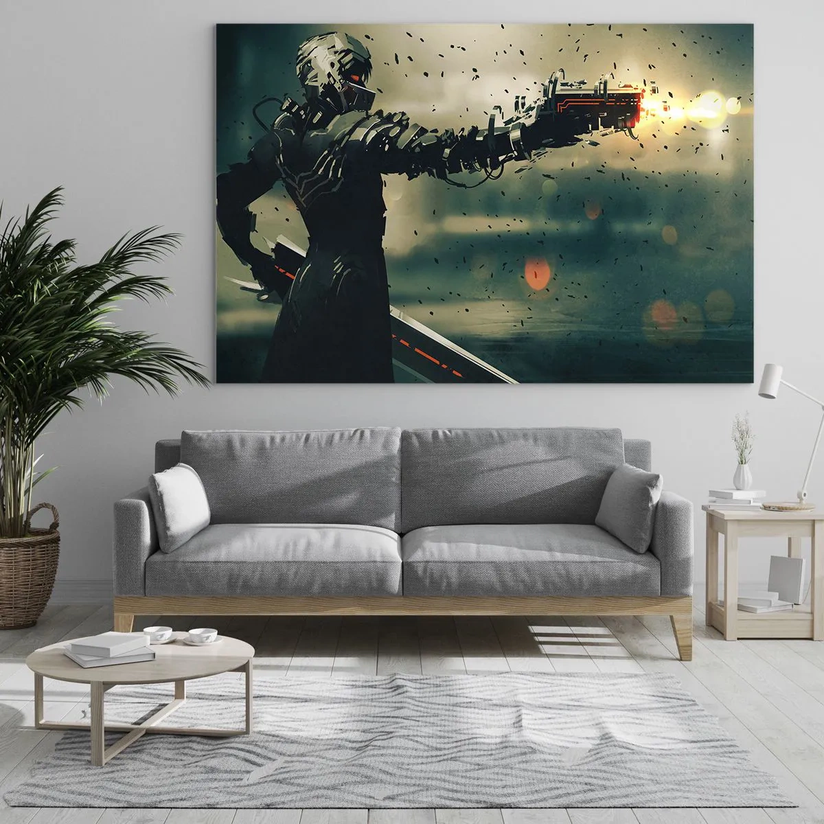 Billede på glas - En cyberkriger i futuristisk stil med energivåben - 70x50cm - Dødeligt våben - din helt egen Terminator - Moderne vægdekoration til stue og soveværelse ARTTOR