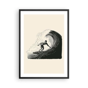 Plakat i sort ramme - Retro surfer på bølge grafik, sort og cremefarvet komposition - 50x70cm - Bølgens konge - Moderne vægdekoration til stue og soveværelse ARTTOR