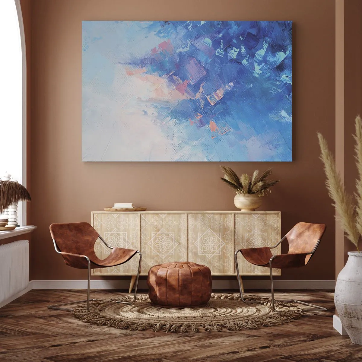 Lærredstryk - Billede på lærred - Abstrakt komposition i nuancer af blå og lyserød - 70x50cm - Vinter abstraktion - Moderne vægdekoration til stue og soveværelse ARTTOR