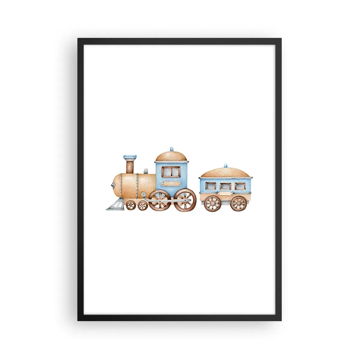 Plakat i sort ramme - Akvareltog i blå og beige nuancer - 50x70cm - Stående på stationen... - Moderne vægdekoration til stue og soveværelse ARTTOR