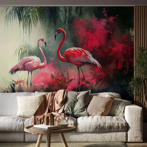 Fototapet Selvklæbende Deluxe Sticker - En lektion i naturlig charme - Flamingoer, Stykke, Landskab - 100x70 cm