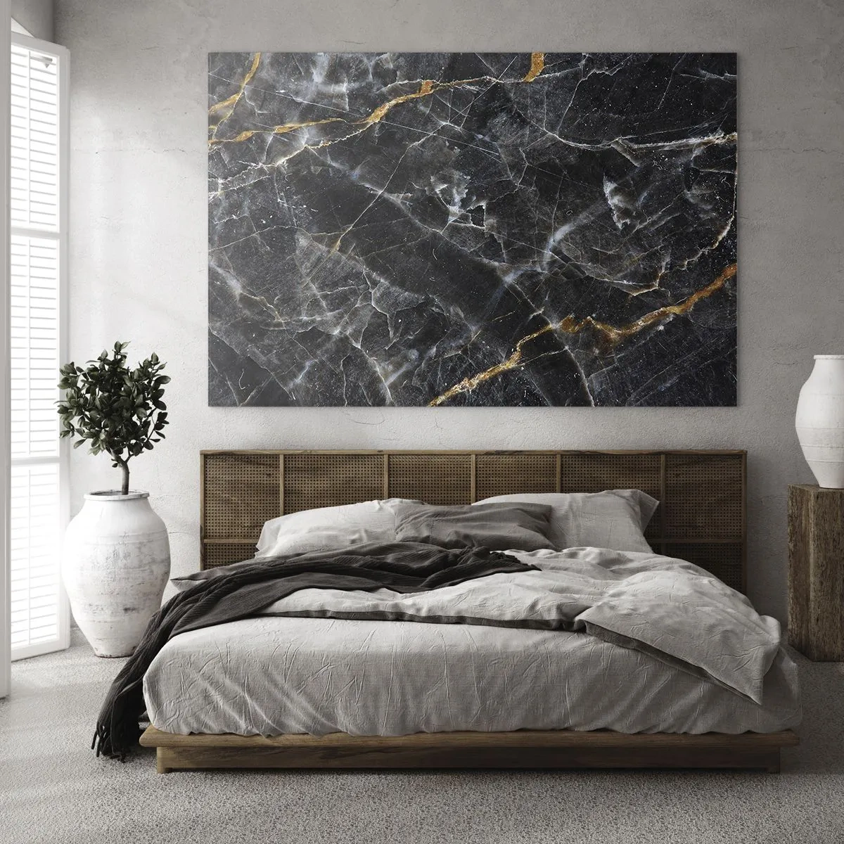 Billede på glas - Sort og guld marmormønster med hvide årer - 70x50cm - En stens indre liv - Moderne vægdekoration til stue og soveværelse ARTTOR