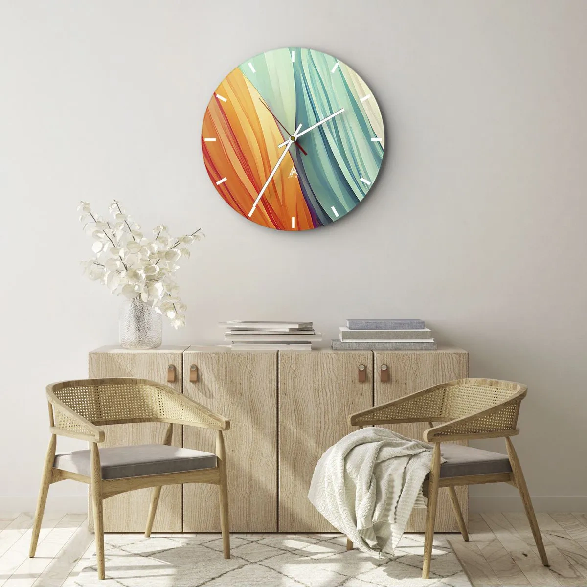 Vægur, Uret - Farverige bølger i nuancer af orange, mint og pink - 30x30cm - Regnbuevævning - Moderne vægdekoration til stue, køkken og soveværelse ARTTOR