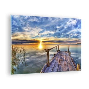 Billede på glas - Søbro ved solnedgang med fugle på himlen - 70x50cm - Vinden går til ro - Moderne vægdekoration til stue og soveværelse ARTTOR