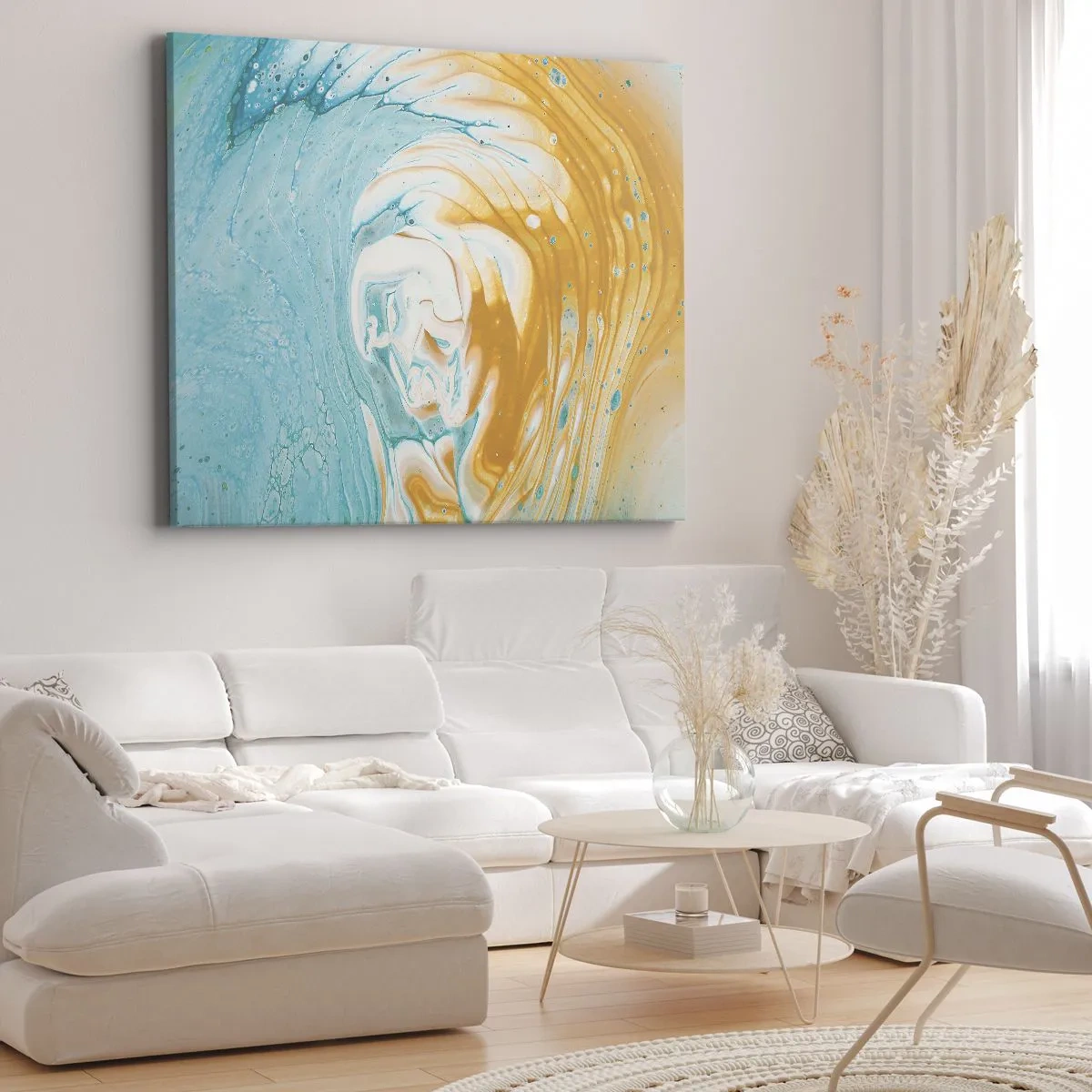 Lærredstryk - Billede på lærred - Abstrakte bølger i nuancer af blå og guld på lærred - 70x50cm - Pastel hvirvel - Moderne vægdekoration til stue og soveværelse ARTTOR