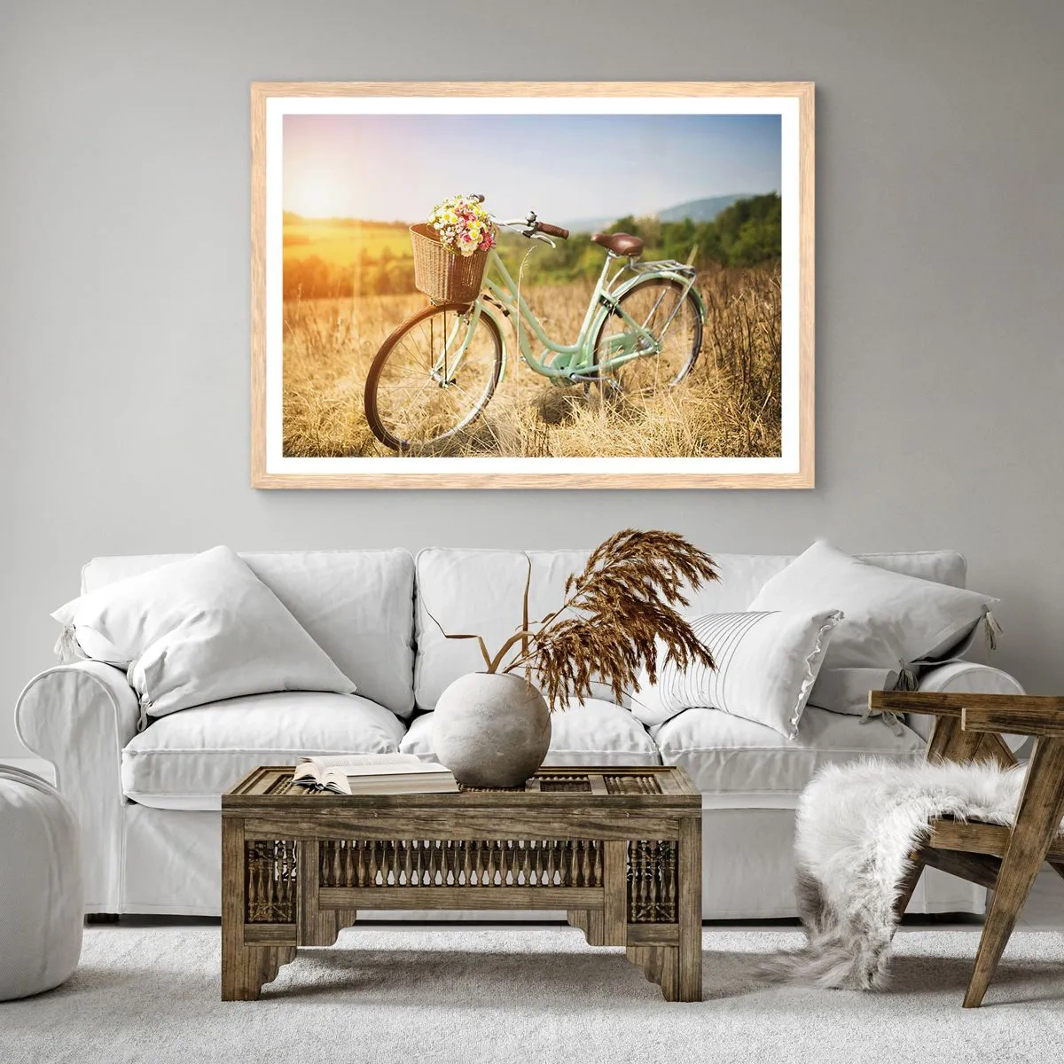 Plakat i ramme af lyst egetræ - Jeg bliver her et stykke tid - 91x61 cm