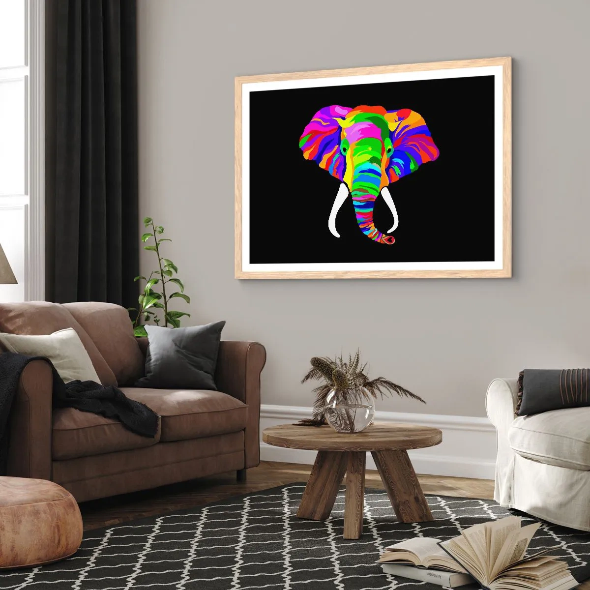 Plakat i ramme af lyst egetræ - Elefanten, der elskede at bade i regnbuen - 50x40 cm