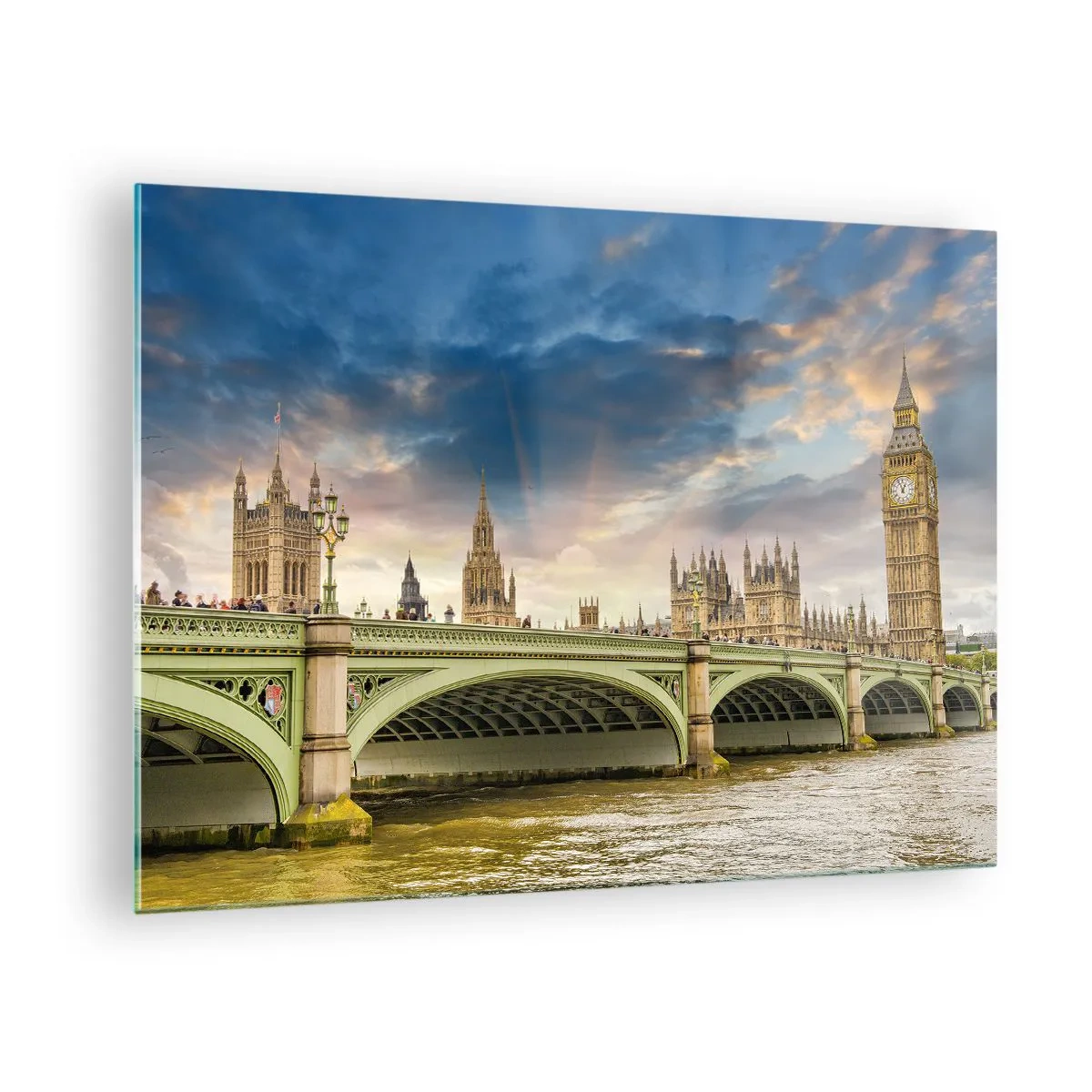 Billede på glas - Big Ben og Westminster Bridge ved solnedgang - 70x50cm - Tiden stod stille i Imperiet - Moderne vægdekoration til stue og soveværelse ARTTOR