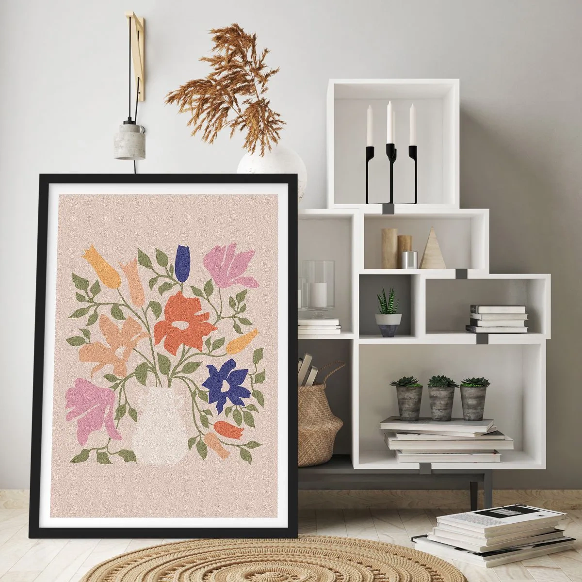 Plakat i sort ramme - En farverig blomsterbuket i en lys vase på en beige baggrund - 50x70cm - En delikat buket - Moderne vægdekoration til stue og soveværelse ARTTOR