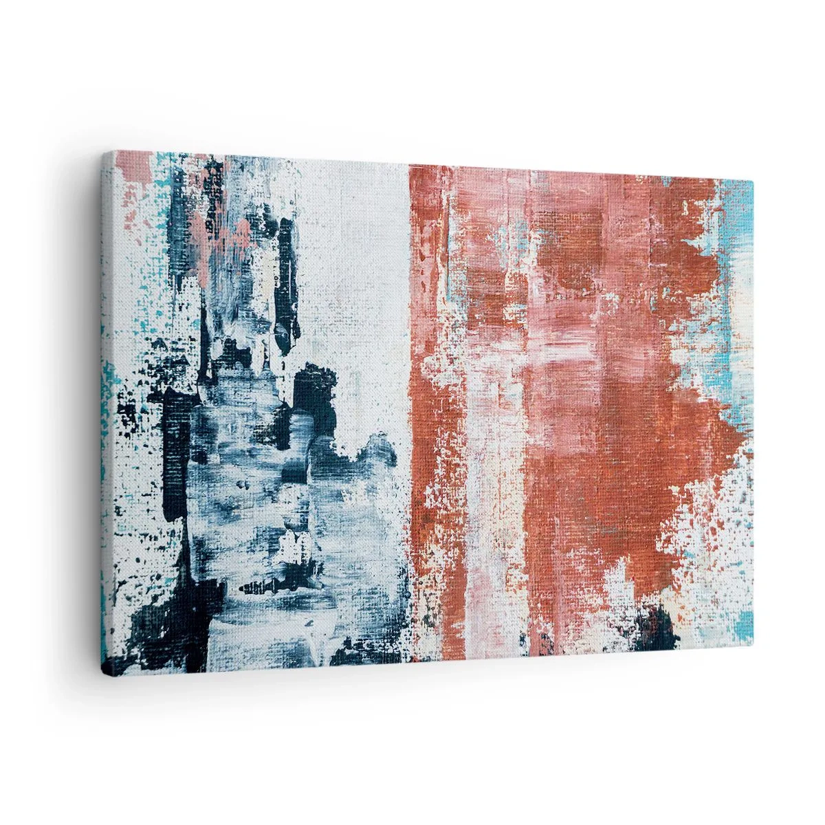 Lærredstryk - Billede på lærred - Abstraktion i hvide, blå og murstensfarver - 70x50cm - Abstrakt halvt og halvt - Moderne vægdekoration til stue og soveværelse ARTTOR