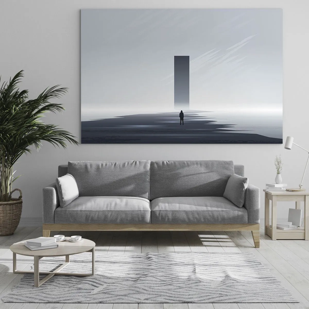 Billede på glas - Et minimalistisk landskab med en figur og en monolit i det fjerne. - 70x50cm - Mulighed eller trussel? - Moderne vægdekoration til stue og soveværelse ARTTOR