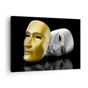 Lærredstryk - Billede på lærred - Guld- og sølvmaske på sort baggrund - 70x50cm - Livet er teater - Moderne vægdekoration til stue og soveværelse ARTTOR