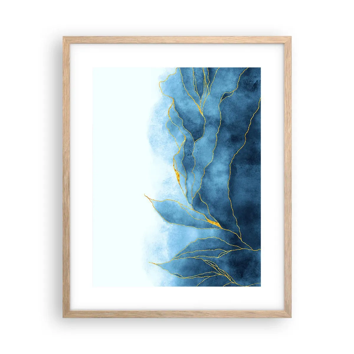 Plakat i ramme af lyst egetræ - Blå i guld - 40x50 cm